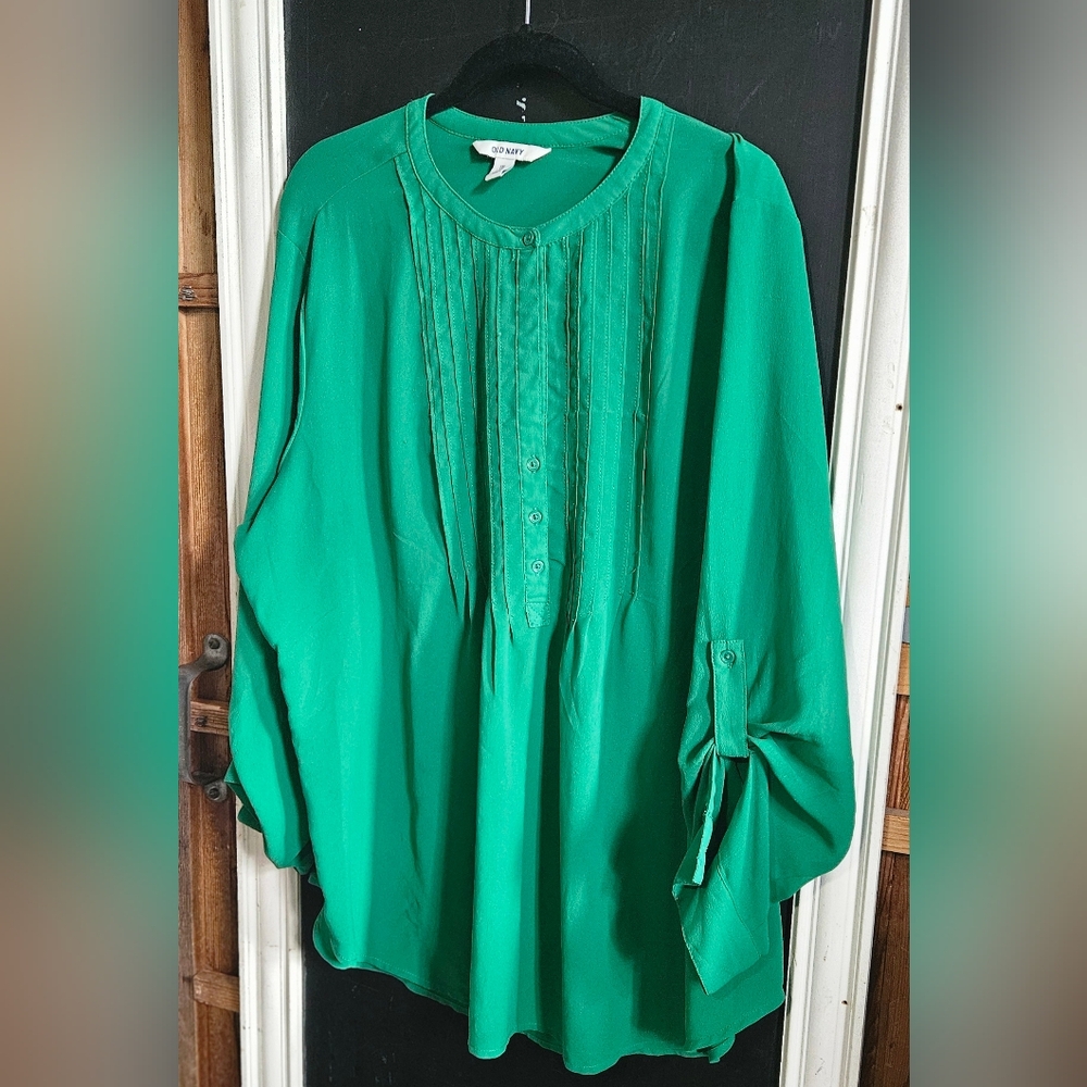 Long Sleeve Green Blouse- Pleated Front with Roll-tab